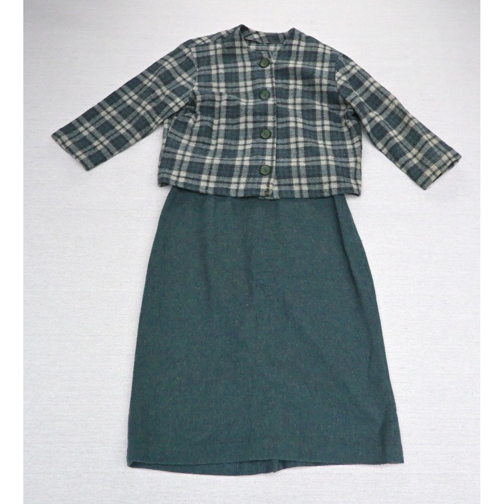Vintage 60s Womens Suit Plaid Collarless Cropped Jacket Teal Green Skirt